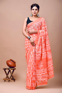 Mulmul Cotton Handblock Printed Saree : Coral Orange x White