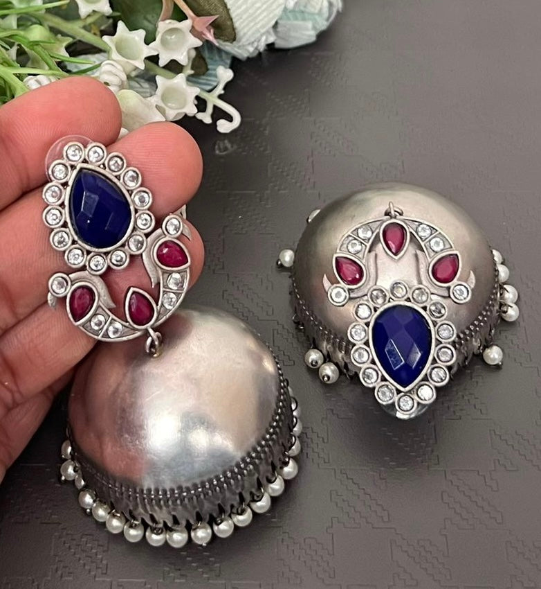 KEESHA jhumkas (dark blue x red)