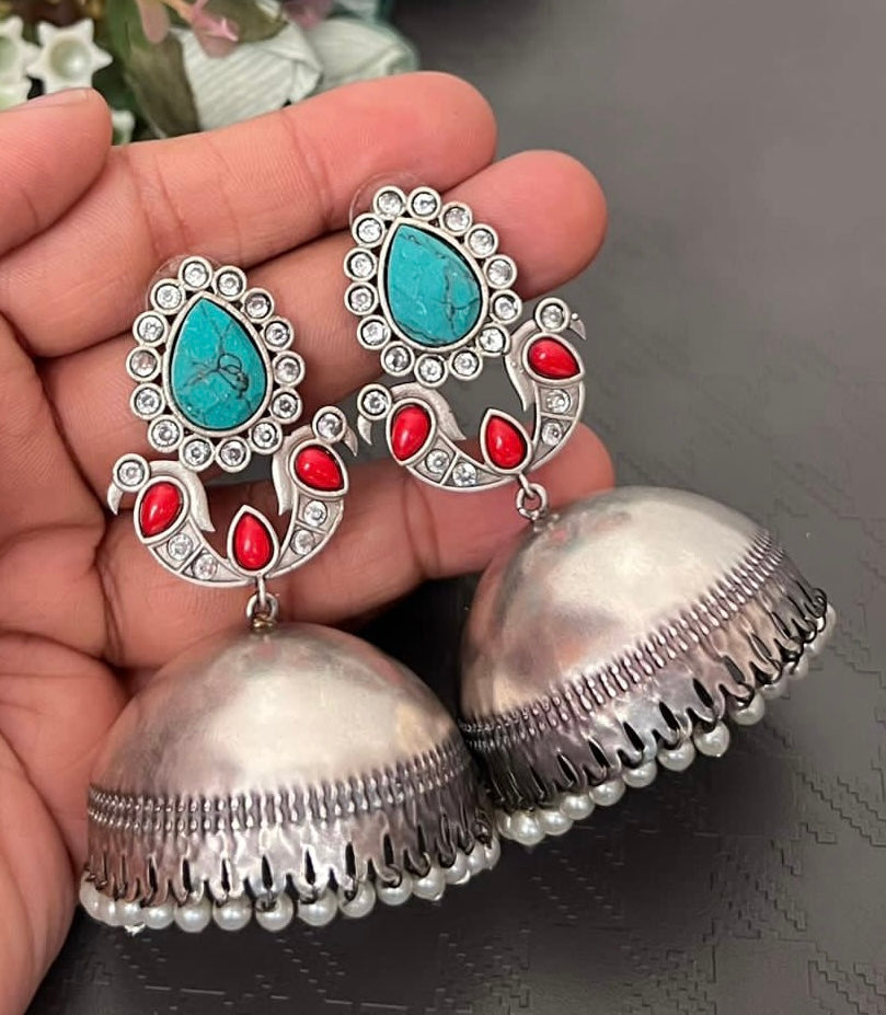 KEESHA jhumkas (aqua x red)