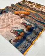 Load image into Gallery viewer, Linen Cotton Saree x Navrathiri Dancers : Beige x Yellow x Blue
