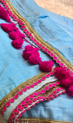 Load image into Gallery viewer, Mulmul Cotton x PomPom Saree : Pastel Blue x Hot Pink
