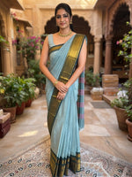 Load image into Gallery viewer, Kanchi Cotton Saree x Tall Border : Sage Green x Dark Green
