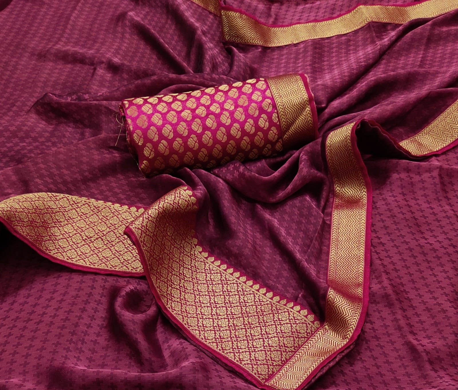 Chiffon Saree x Silk Border - Berry