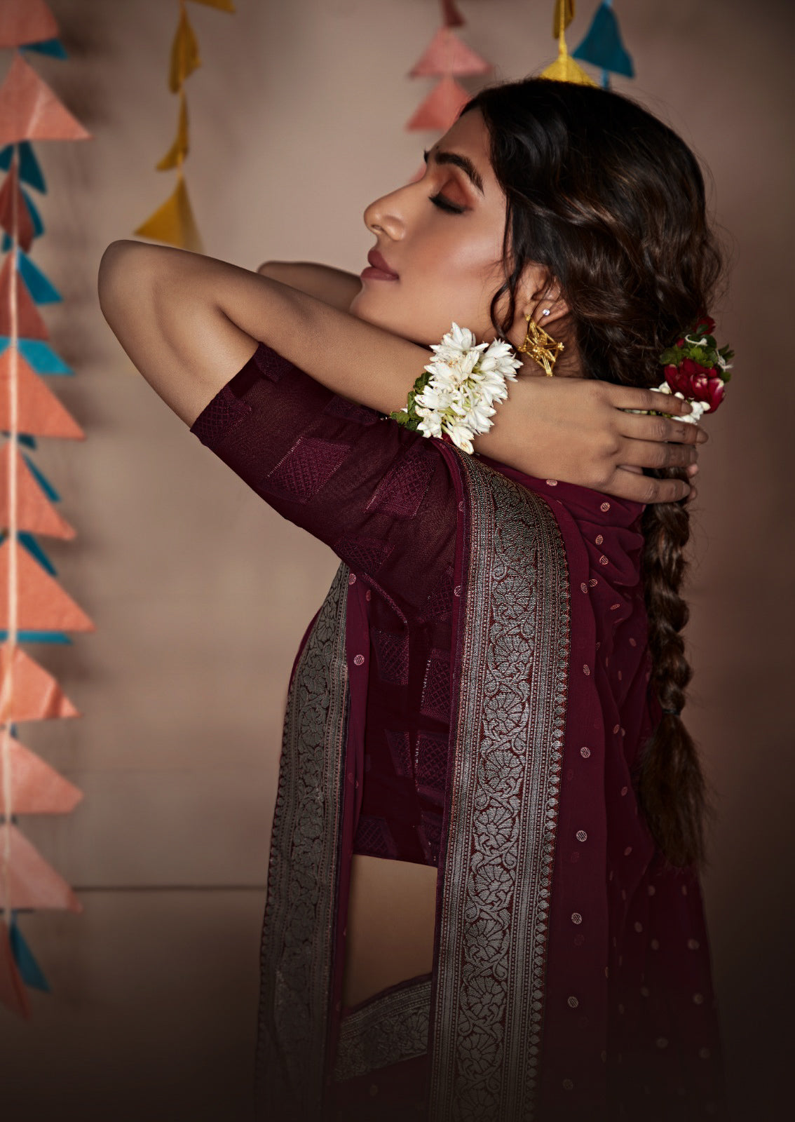 Banarasi x Georgette Saree - Burgundy x Silver