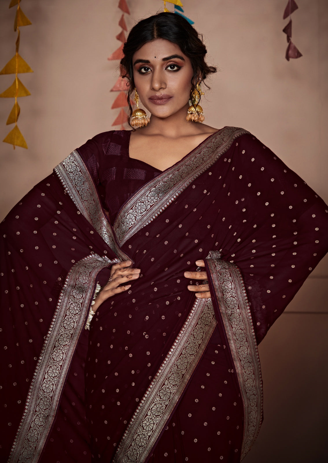 Banarasi x Georgette Saree - Burgundy x Silver