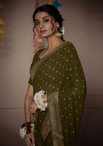Load image into Gallery viewer, Banarasi x Georgette Saree - Olive x Gold
