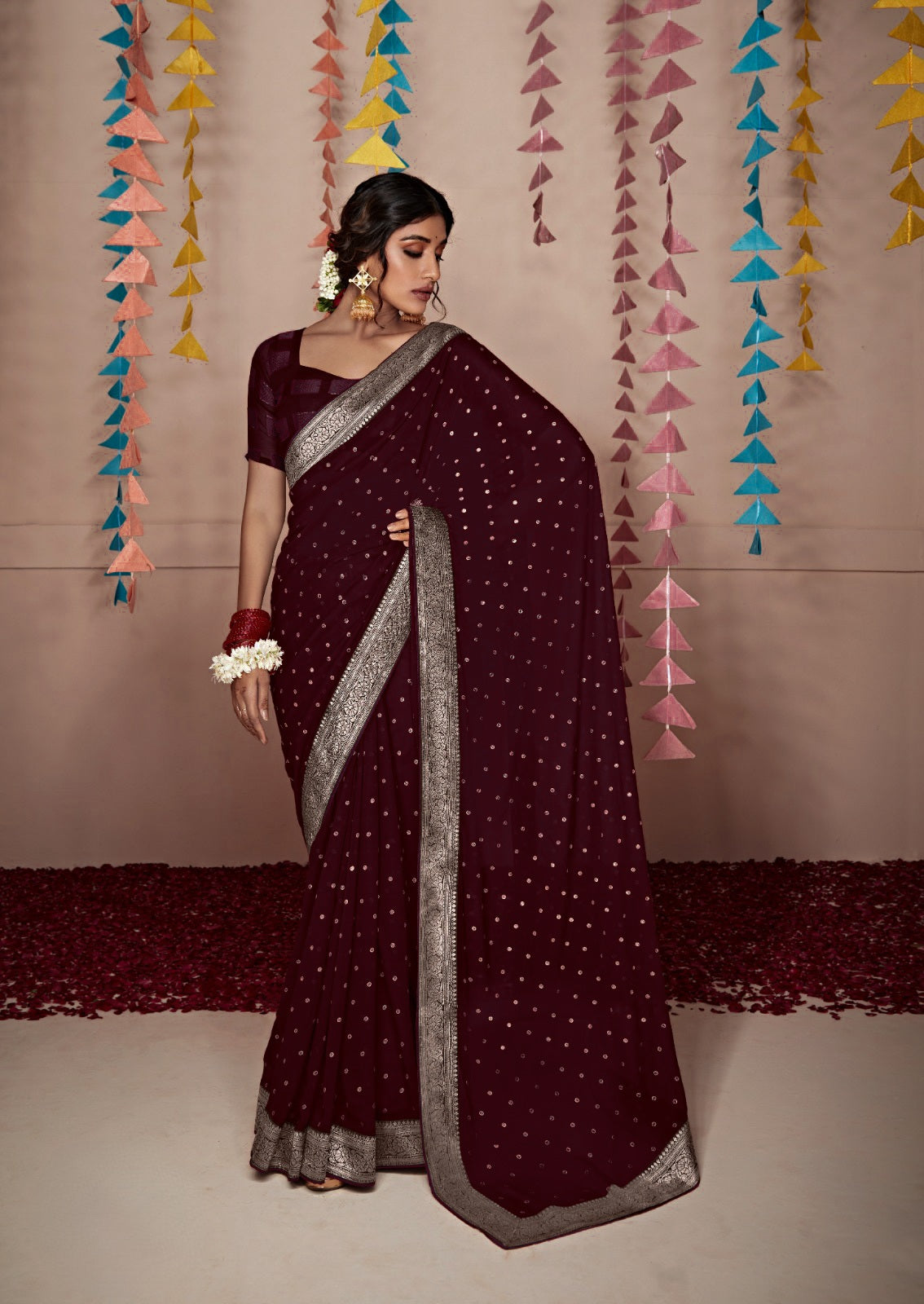 Banarasi x Georgette Saree - Burgundy x Silver
