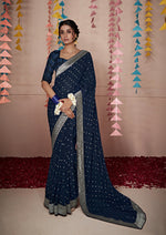 Load image into Gallery viewer, Banarasi x Georgette Saree - Navy Blue x Silver
