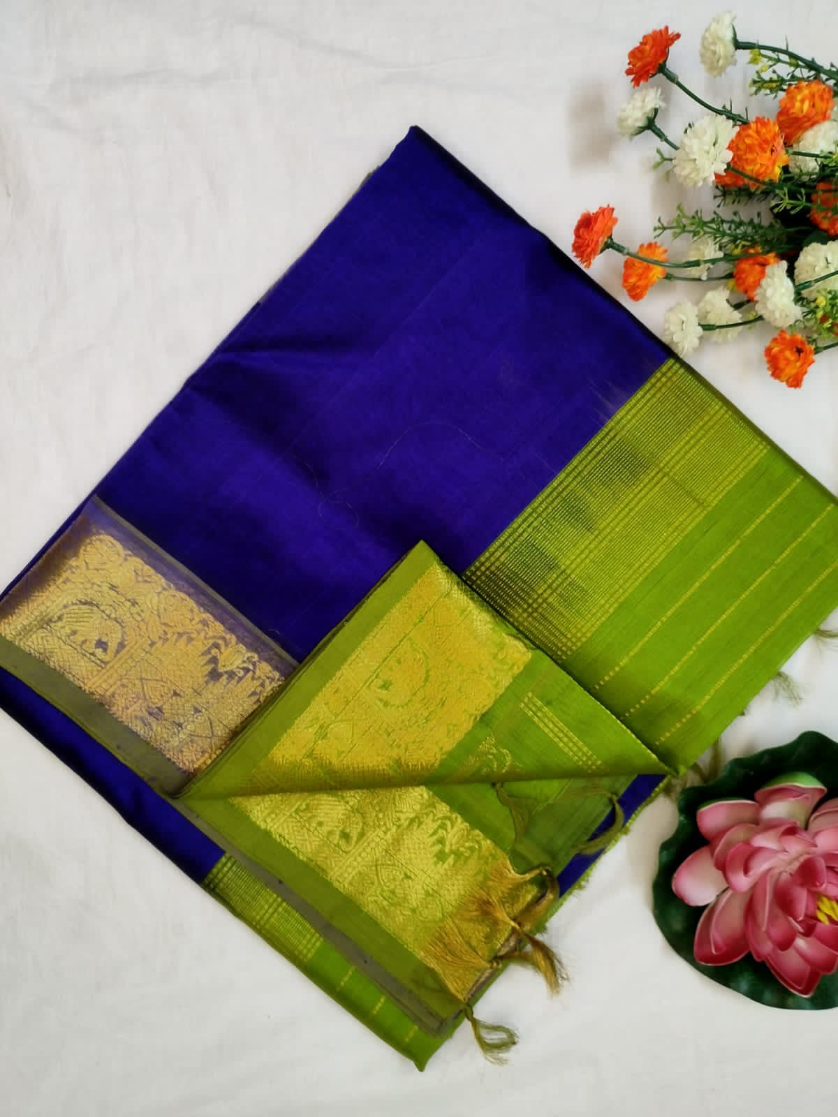 Kanchipuram Silk Cotton Saree : Blue x Olive