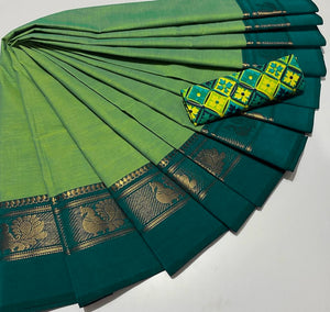 Chettinad Cotton Saree + Kalamkari blouse : Green x Teal green