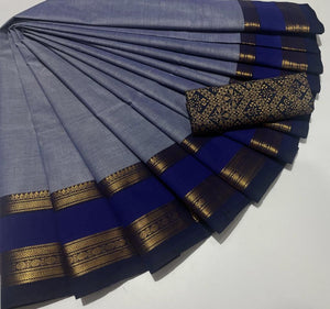 Chettinad Cotton Saree + Kalamkari blouse : Ashblue x Blue