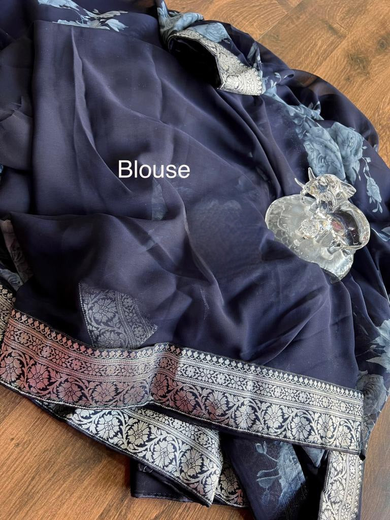 Floral x Chiffon Saree : Navy Blue