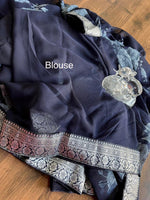 Load image into Gallery viewer, Floral x Chiffon Saree : Navy Blue

