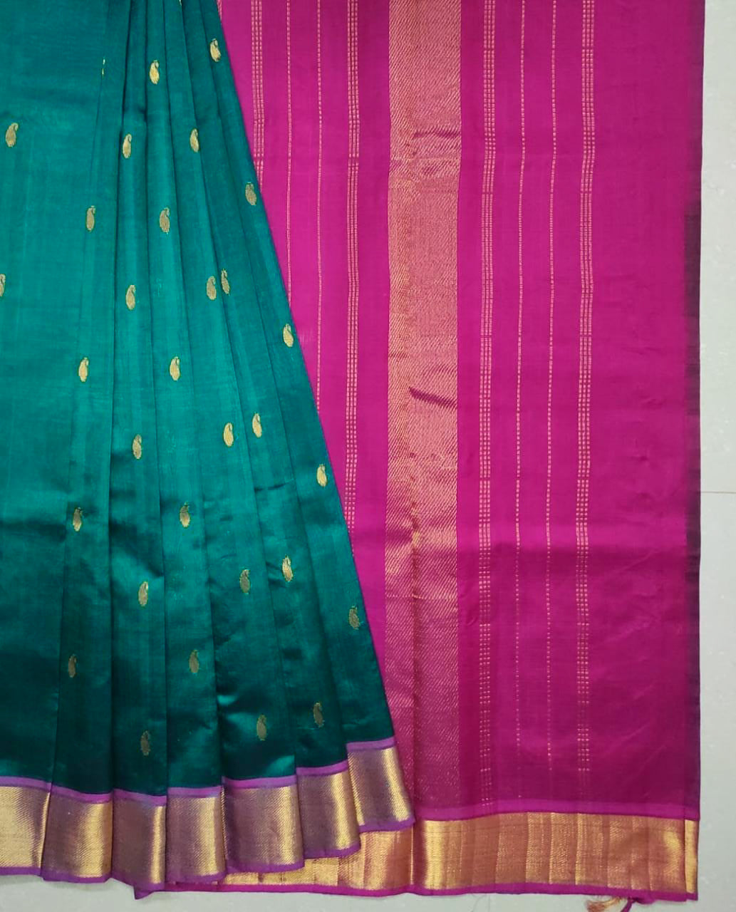 Kanchipuram Silk Cotton Saree : Teal x Berry x Magenta