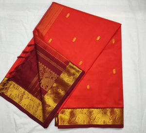 Kanchipuram Silk Cotton Saree : Orange x Maroon x Elephant