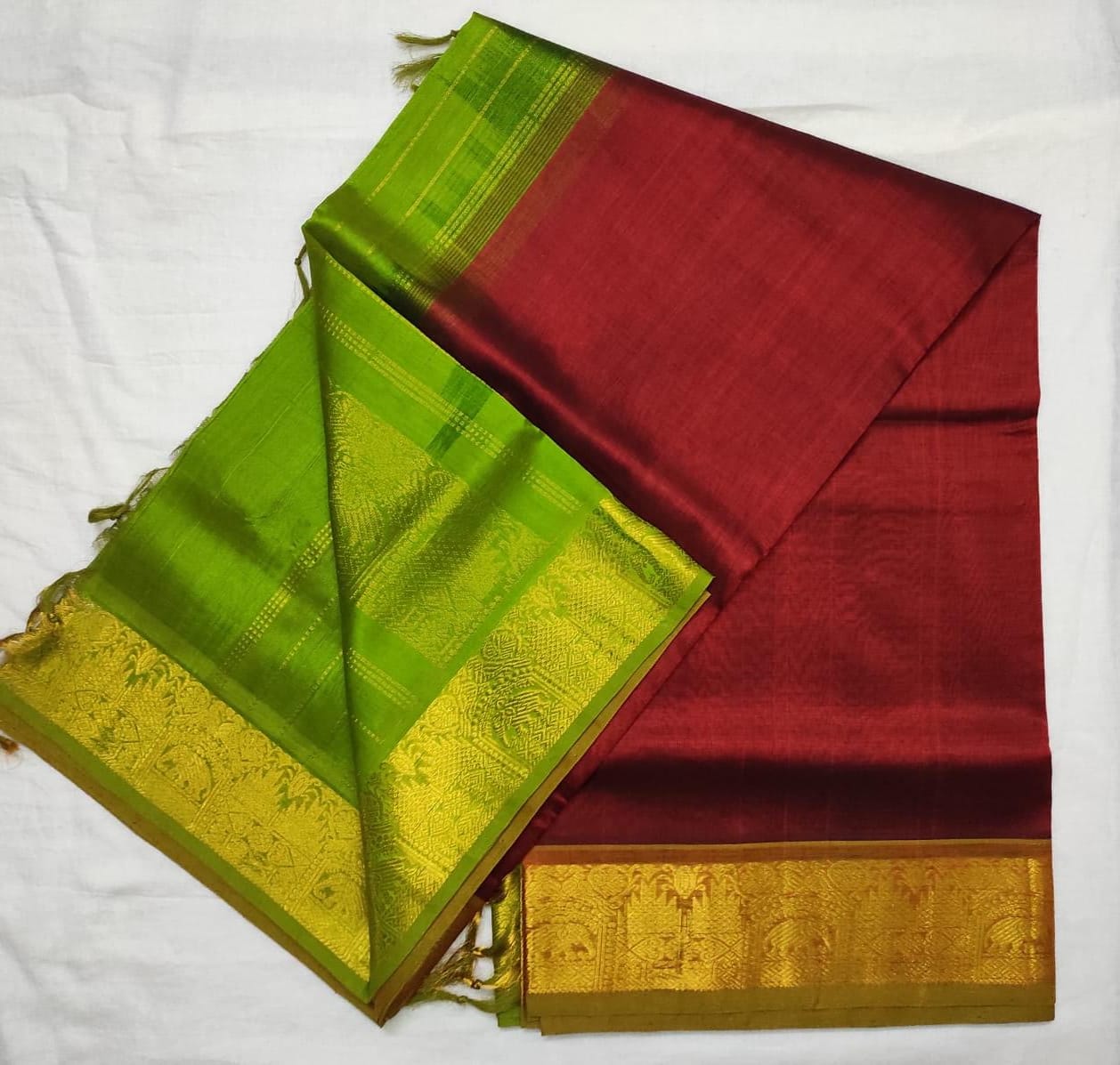 Kanchipuram Silk Cotton Saree : Maroon x Olive