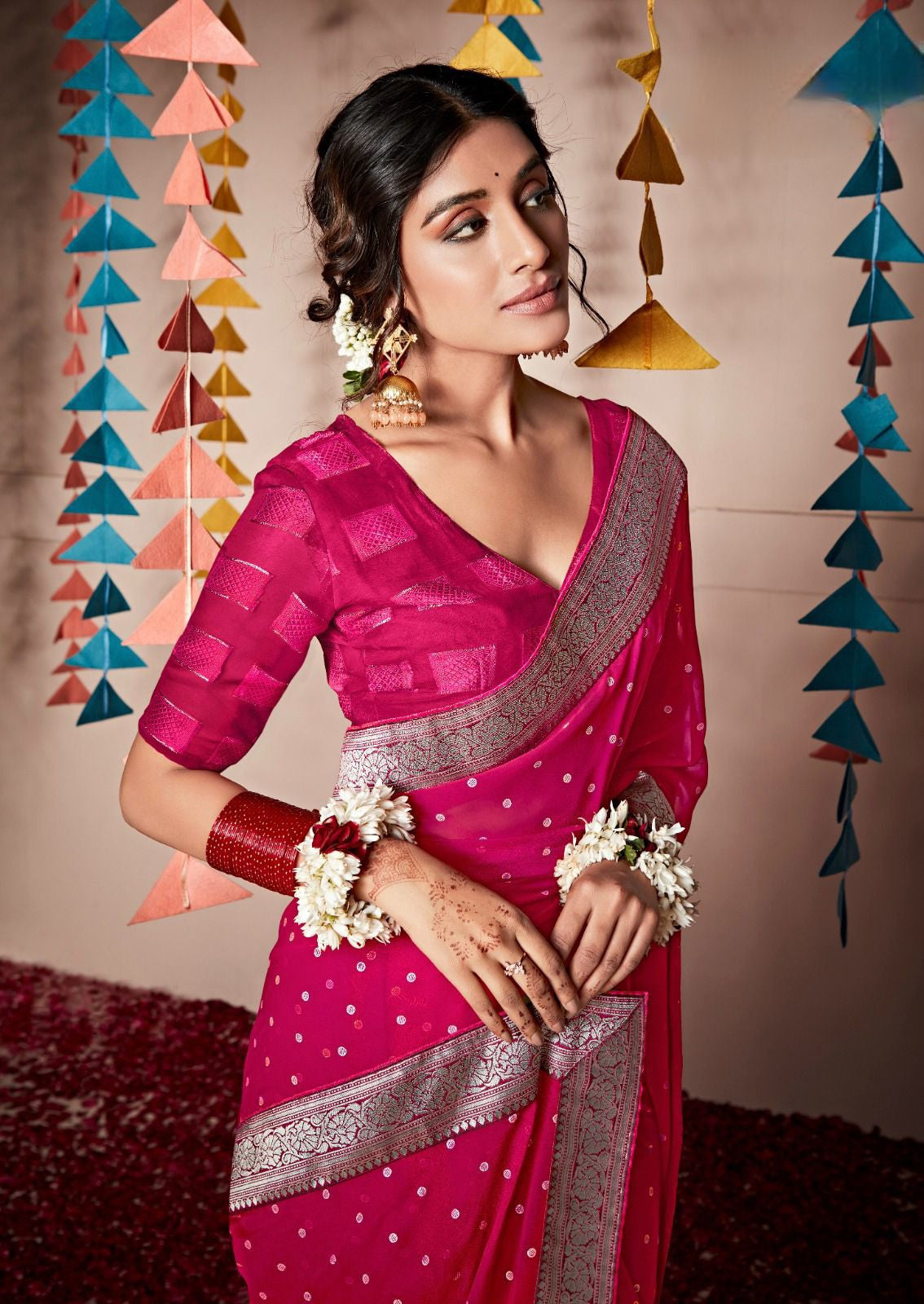 Banarasi x Georgette Saree - Pink x Silver