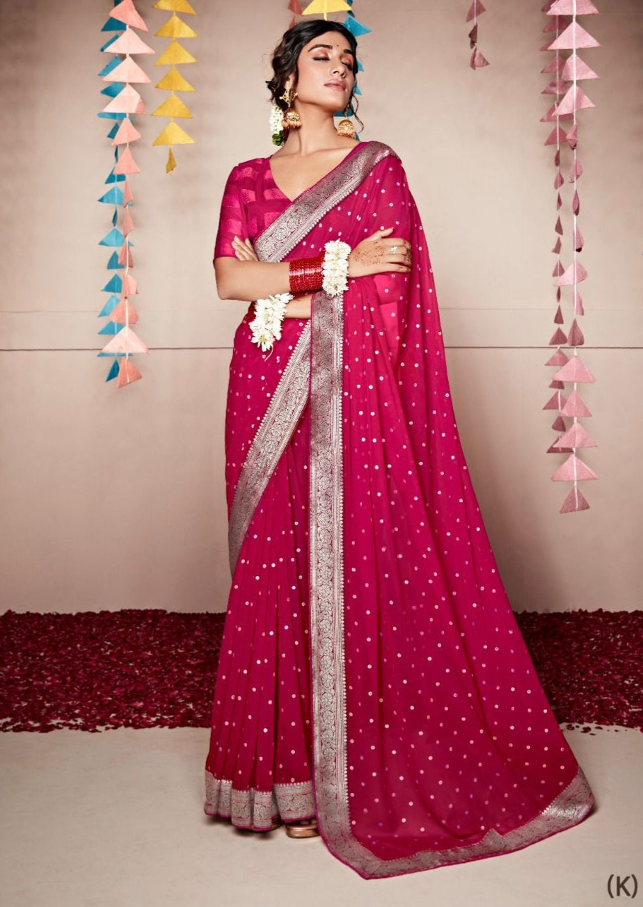 Banarasi x Georgette Saree - Pink x Silver