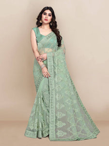 Embroidered Net Saree - Green