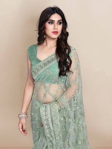 Embroidered Net Saree - Green