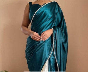 Pearl border x Satin saree - Blue