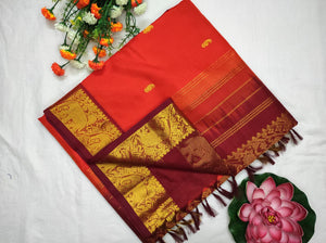Kanchipuram Silk Cotton Saree : Orange x Maroon x Elephant