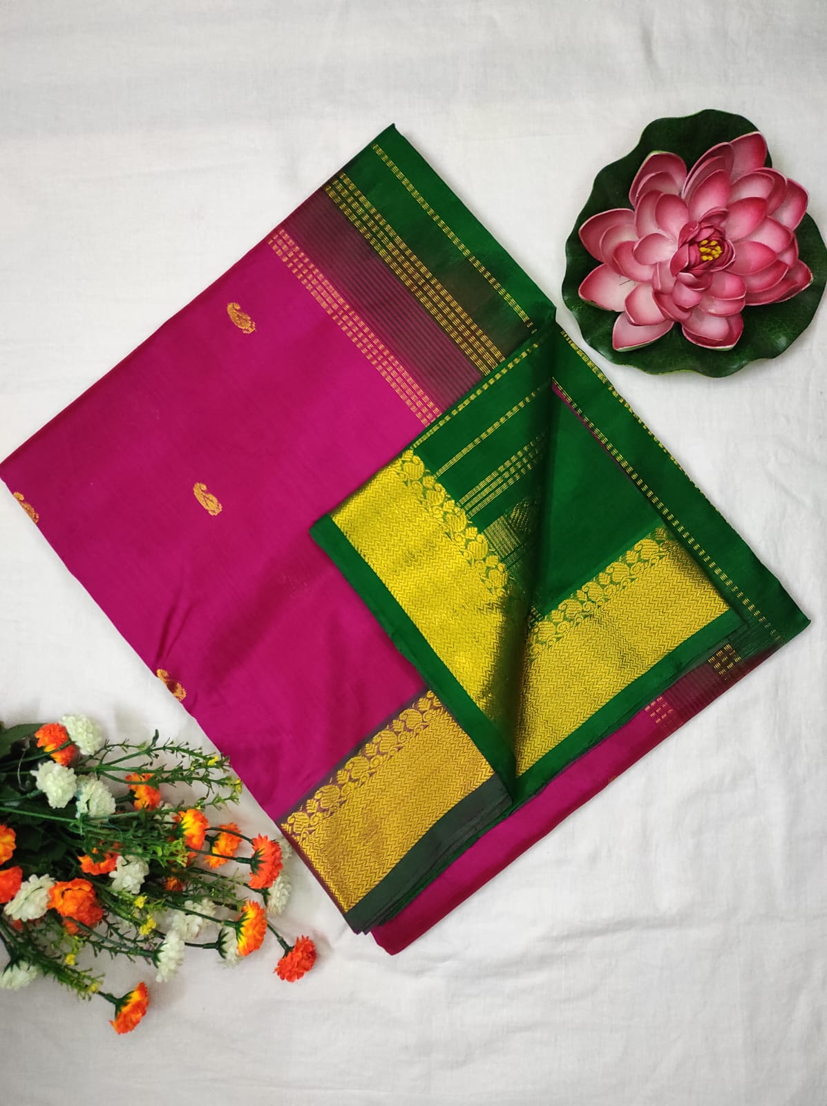 Kanchipuram Silk Cotton Saree : Hot pink x Green