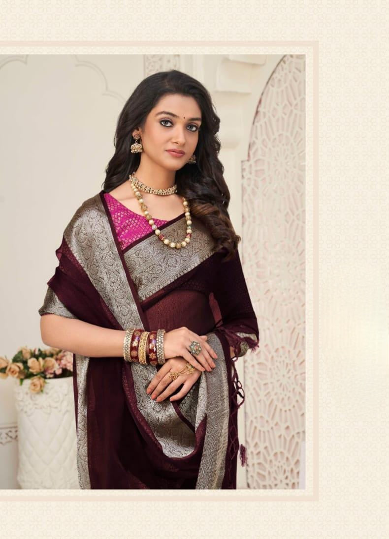 Organza silk saree x light gold zari - Wine x Magenta