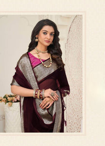 Organza silk saree x light gold zari - Wine x Magenta