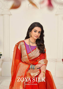 Organza silk saree x light gold zari - Orange x Purple