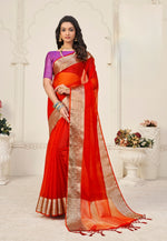 Load image into Gallery viewer, Organza silk saree x light gold zari - Orange x Purple

