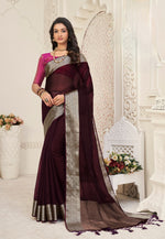 Load image into Gallery viewer, Organza silk saree x light gold zari - Wine x Magenta
