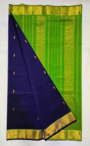 Kanchipuram Silk Cotton Saree : Dark Blue x Parrot Green x Peacock
