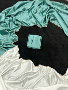Pearl border x Satin saree - Aqua