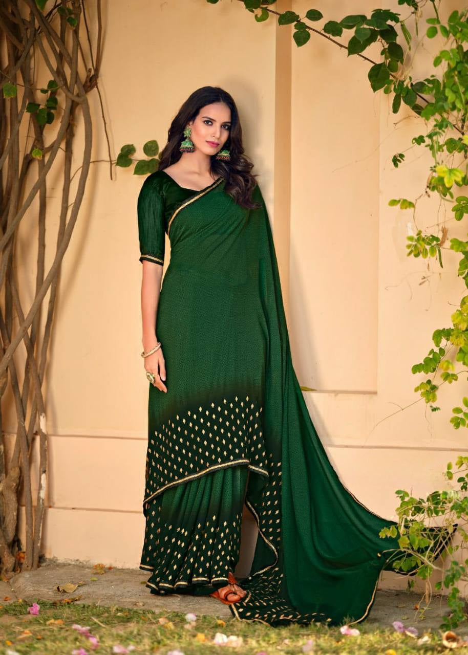 Georgette saree x Glitter prints - Green Ombre