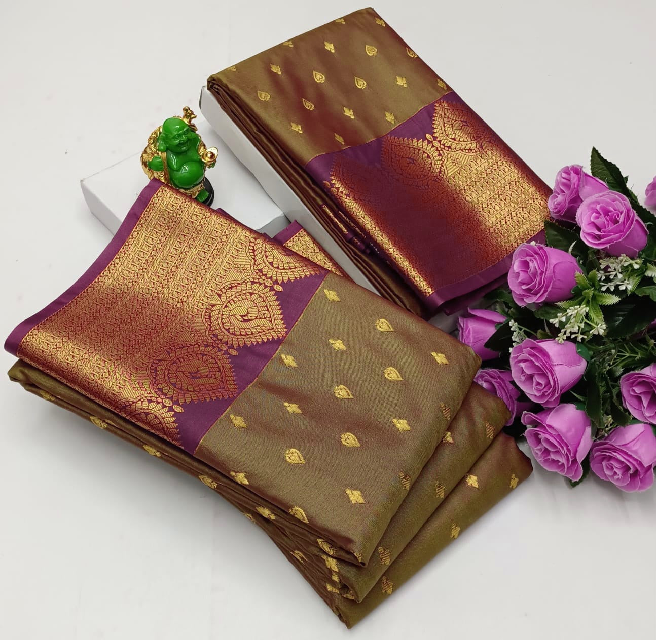 Semi Soft Silk Saree x Gold Zari - Olive x Pink x Purple