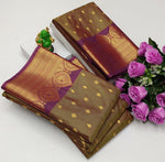 Load image into Gallery viewer, Semi Soft Silk Saree x Gold Zari - Olive x Pink x Purple
