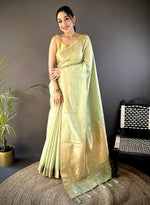 Load image into Gallery viewer, Blended Cotton Saree x Woven Zari : Light Green
