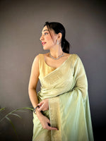 Load image into Gallery viewer, Blended Cotton Saree x Woven Zari : Light Green
