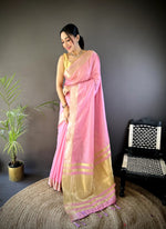 Load image into Gallery viewer, Blended Cotton Saree x Woven Zari : Pink
