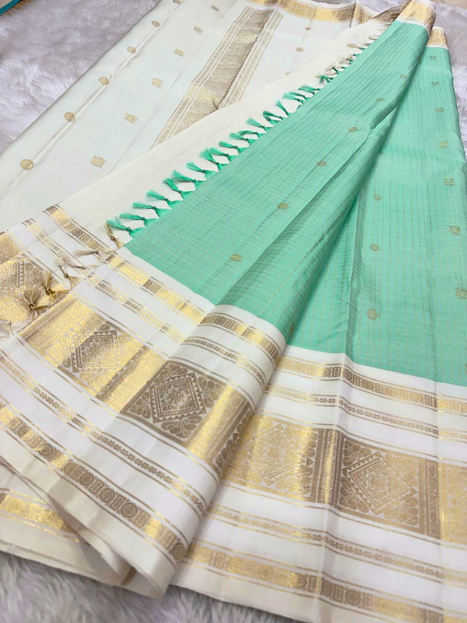 AQUA CELESTIAL CHECKS - Pure Kanjivaram Silk Saree with Gold Zari