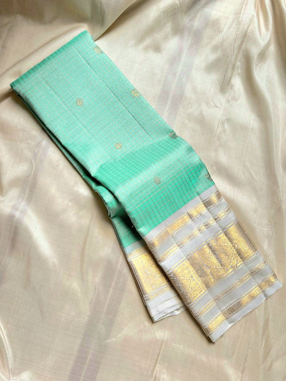 AQUA CELESTIAL CHECKS - Pure Kanjivaram Silk Saree with Gold Zari