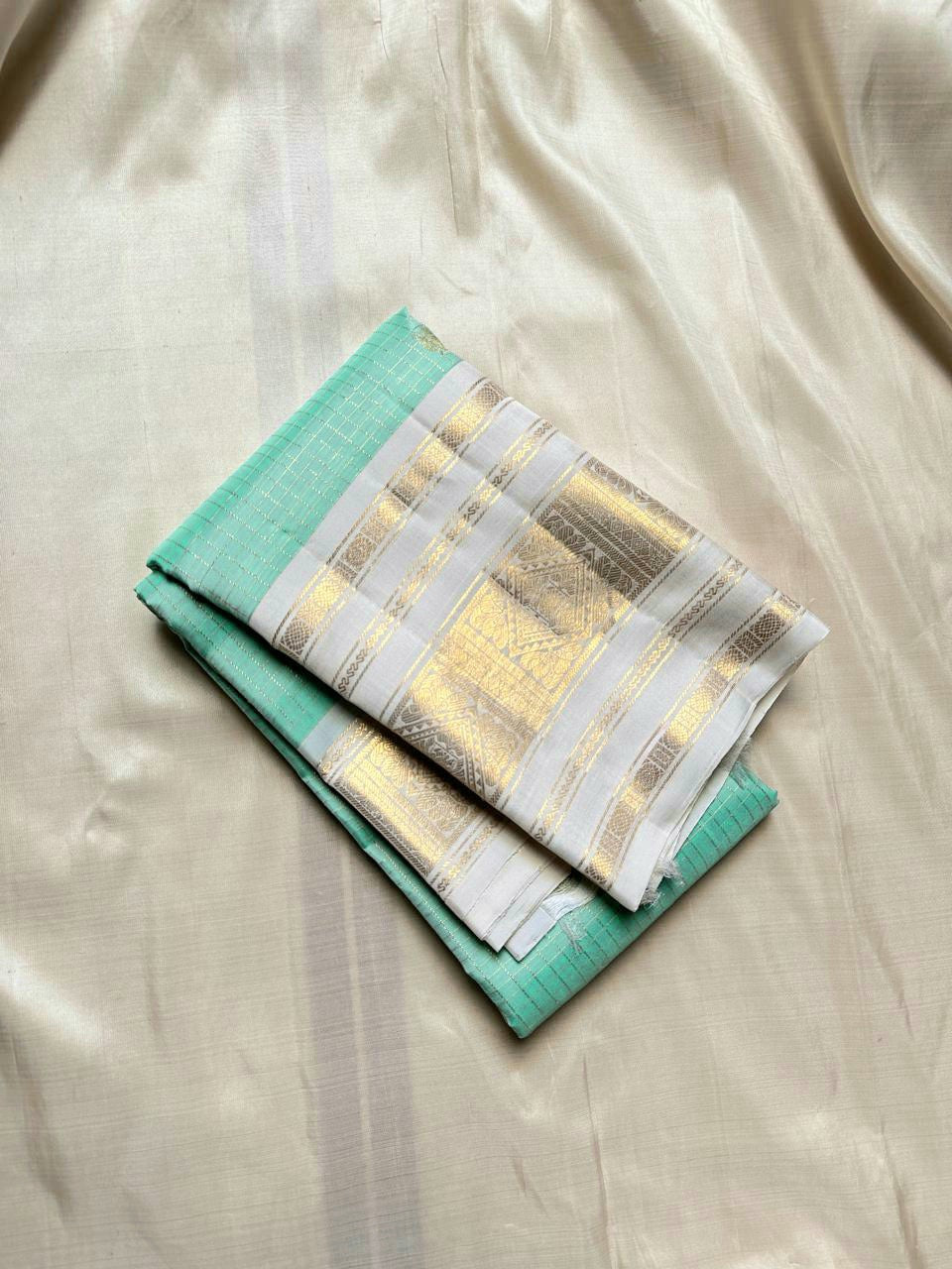 AQUA CELESTIAL CHECKS - Pure Kanjivaram Silk Saree with Gold Zari