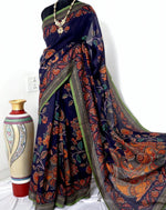 Load image into Gallery viewer, Linen Cotton x Kalamkari Print Saree - Dark Blue
