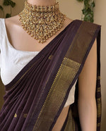 Load image into Gallery viewer, Maheswari Series : Kalyani Cotton Saree - Gold Zari : Dark Brown
