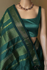 Load image into Gallery viewer, Maheswari Series : Kalyani Cotton Saree - Gold Zari : Deep Green
