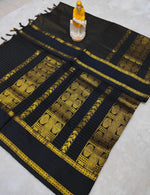 Load image into Gallery viewer, Rudracham Series : Kalyani Cotton Saree (checkered) - Gold Zari : Black
