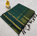 Load image into Gallery viewer, Rudracham Series : Kalyani Cotton Saree (checkered) - Gold Zari : Dark Green
