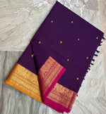 Load image into Gallery viewer, Kanchi Cotton Saree x Ganga-Jamuna Border : Dark Purple x Amber x Hot Pink
