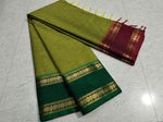 Load image into Gallery viewer, Kanchi Cotton Saree x Ganga-Jamuna Border : Olive x Red x Green
